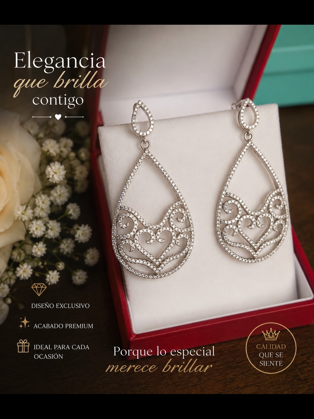 Silver Teardrop Filigree Crystal Earrings - Elegancia Collection